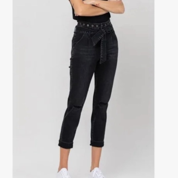 Vervet 29 Black Erika Stretch Mom Jeans | High Waist | Distressed | Tie Waist - Picture 2 of 16